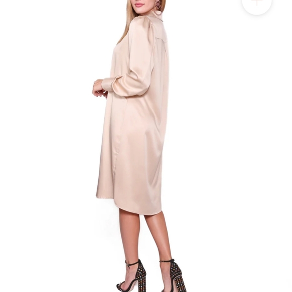 Wuko Gals~ Satin like long sleeve pearl buttons down, sand midi dress, Sz XS - Picture 3 of 13